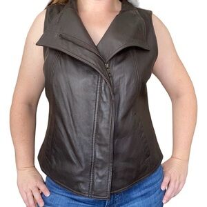 Liz Claiborne Leather Moto Style Vest Lambskin Chocolate Brown Size XL